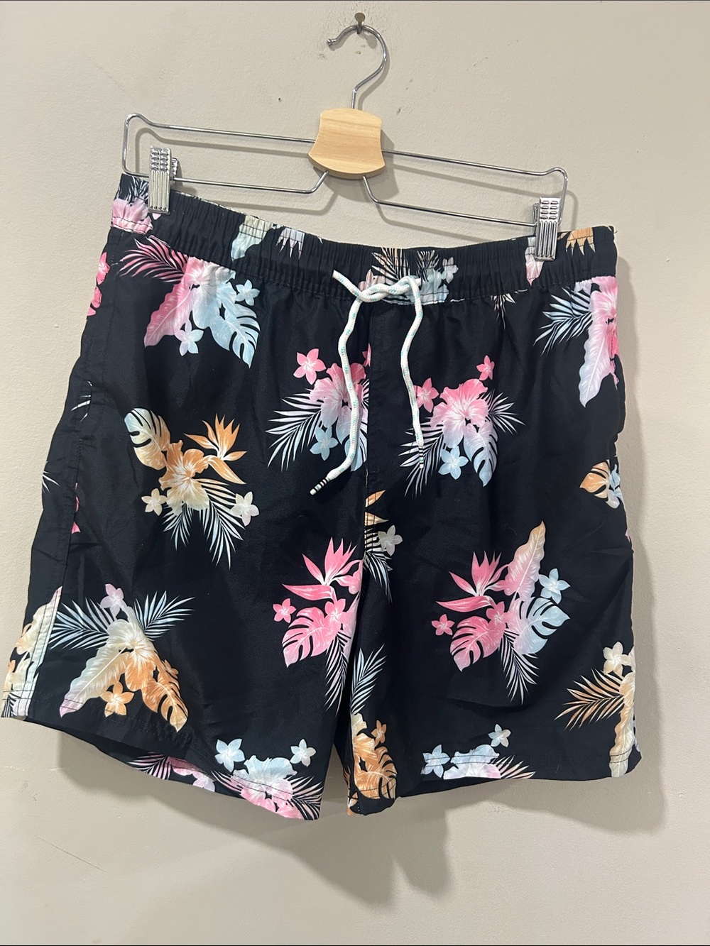 Original Use Black Swim Trunks with Pink, Light Blue & Tan Floral Print